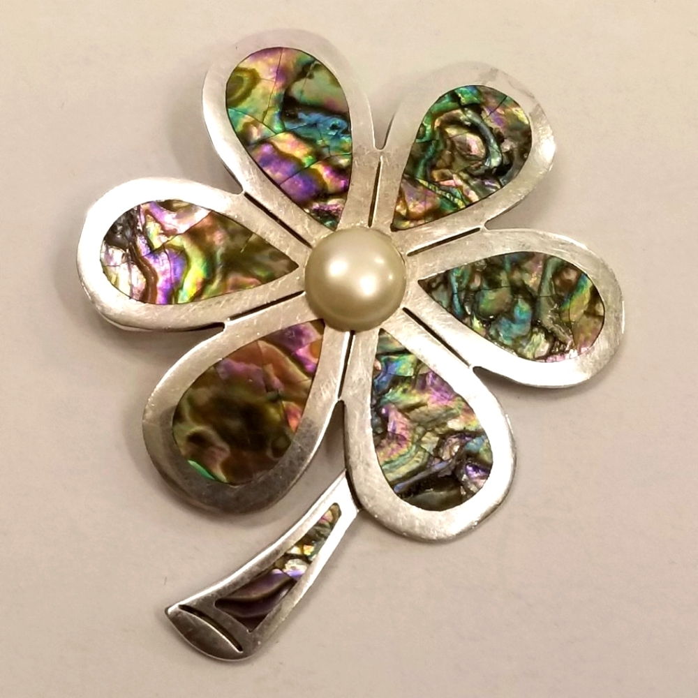 🔻REDUCED❣Los Ballesteros Vintage Silver Abalone Clover Brooch Hand Crafted Rare